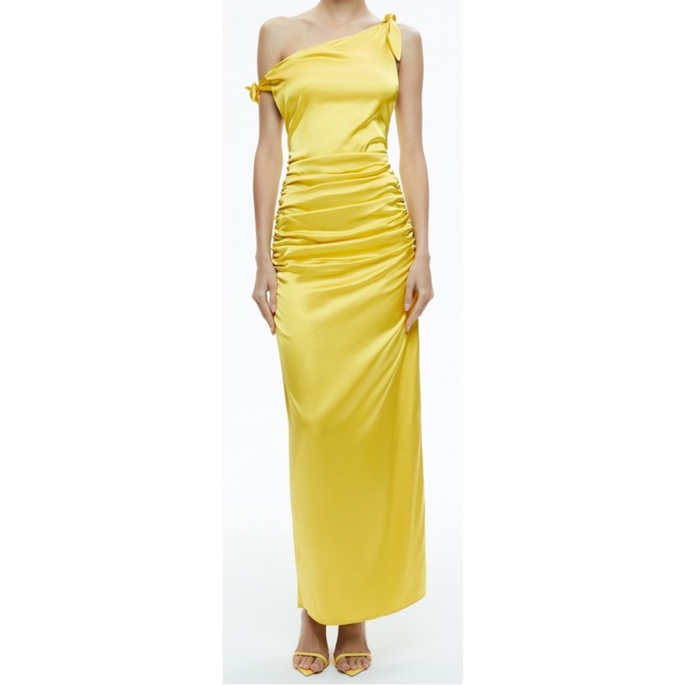 Alice + Olivia Bright Yellow One-Shoulder Ruched Satin Maxi Dress